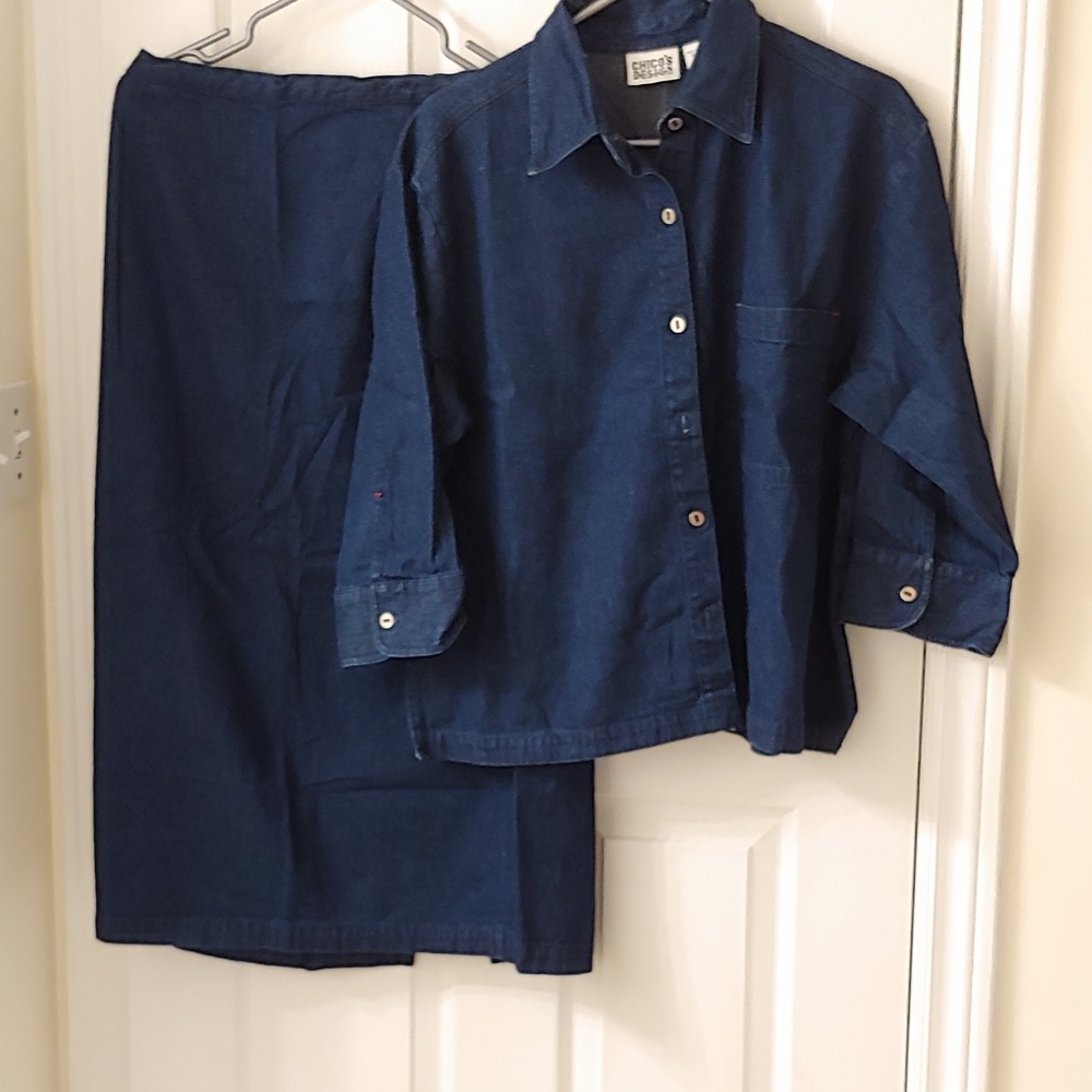 Chico's cotton denim 2pc skirt set traveler sz 2